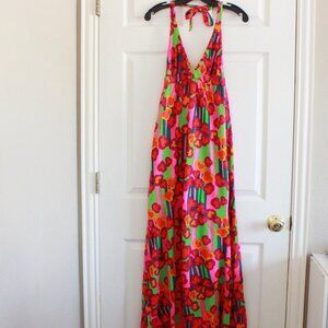 NWT 1970s Vintage Vibrant Psychedelic Pink Top Drawer Maxi Halter Dress Beach